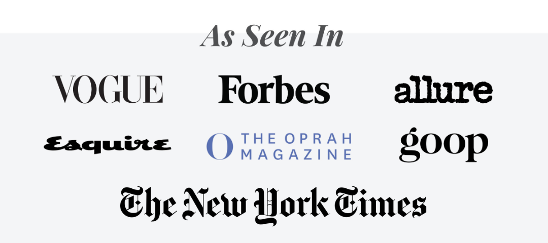 Press image showing coverage for Dr. Kerklaan Therapeutics in Vogue, Forbes, allure, The Oprah Magazine, The New York Times, Esquire and GOOP.