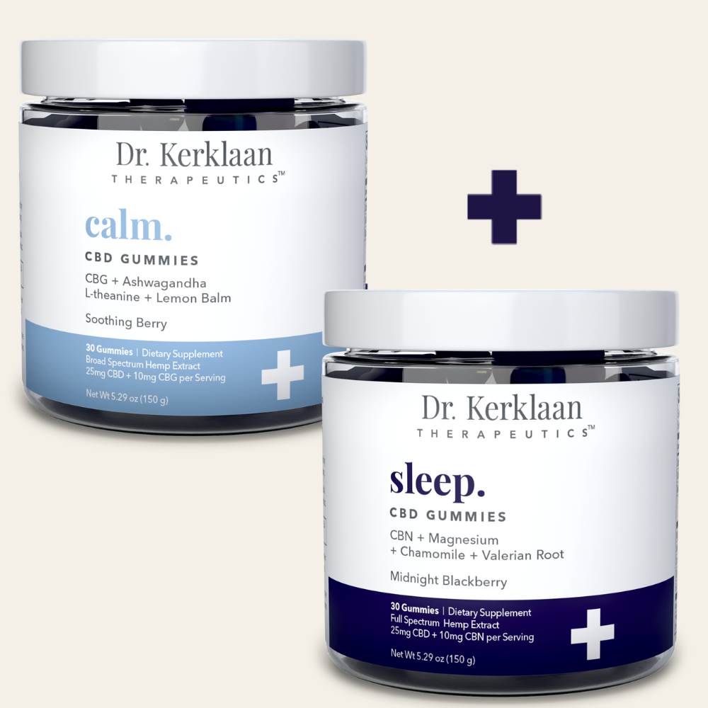 CBD Calm gummies and CBD Sleep Gummies bundled together with a plus sign on a beige background.