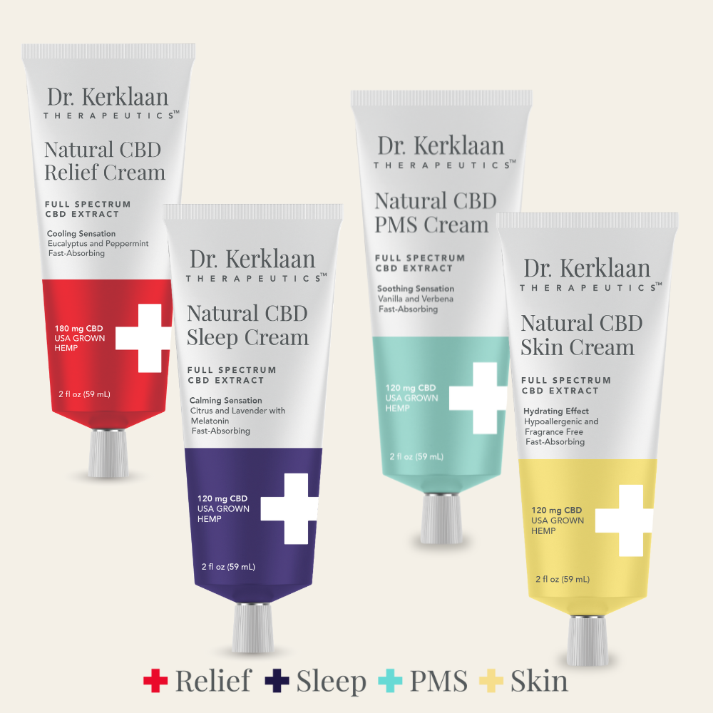 Image of four CBD topicals by Dr. Kerklaan Therapeutics.