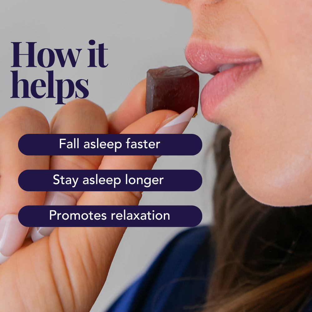 Woman taking a Dr. Kerklaan Sleep CBD Gummy with on-screen benefits: Fall asleep faster, Stay asleep longer, Promotes relaxation.