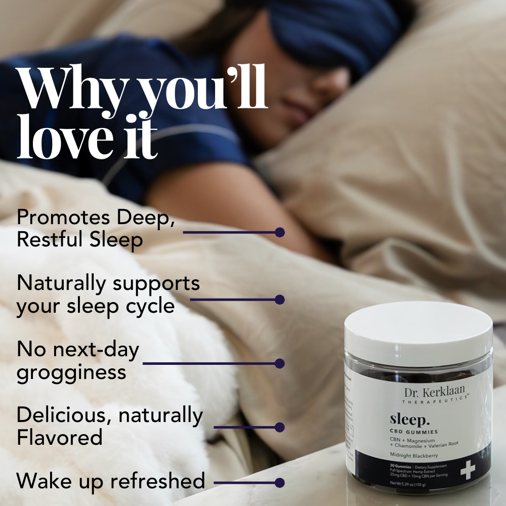 Dr. Kerklaan Sleep CBD Gummies on bedside with woman sleeping in background, featuring on-screen benefits: deep sleep, no grogginess, natural support, and wake-up refreshed.