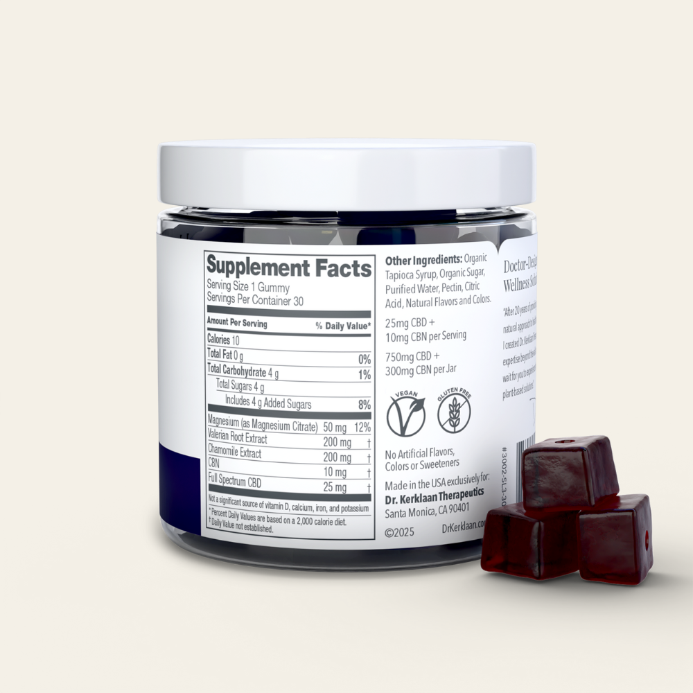 Supplement facts panel for Dr. Kerklaan Sleep CBD Gummies, detailing CBD, CBN, and natural sleep-supporting ingredients.