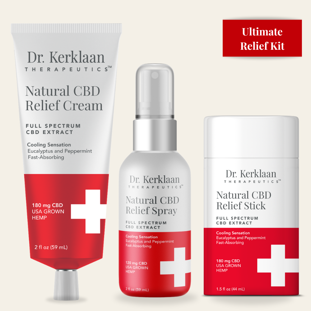 Natural CBD Relief Cream Stick and Spray pictured together as the Ultimate Relief Kit.