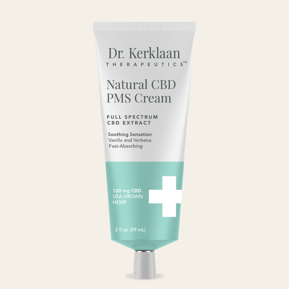 Dr. Kerklaan Natural CBD PMS Cream with an updated formula displayed on a neutral background.