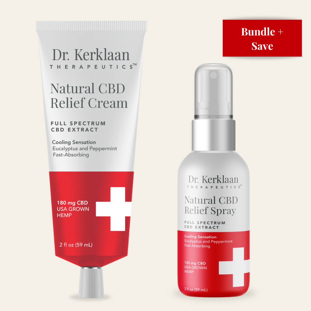 Dr. Kerklaan Natural CBD Relief Cream and Relief Spray bundle on a neutral background with a 'Bundle + Save' callout, emphasizing value and savings.