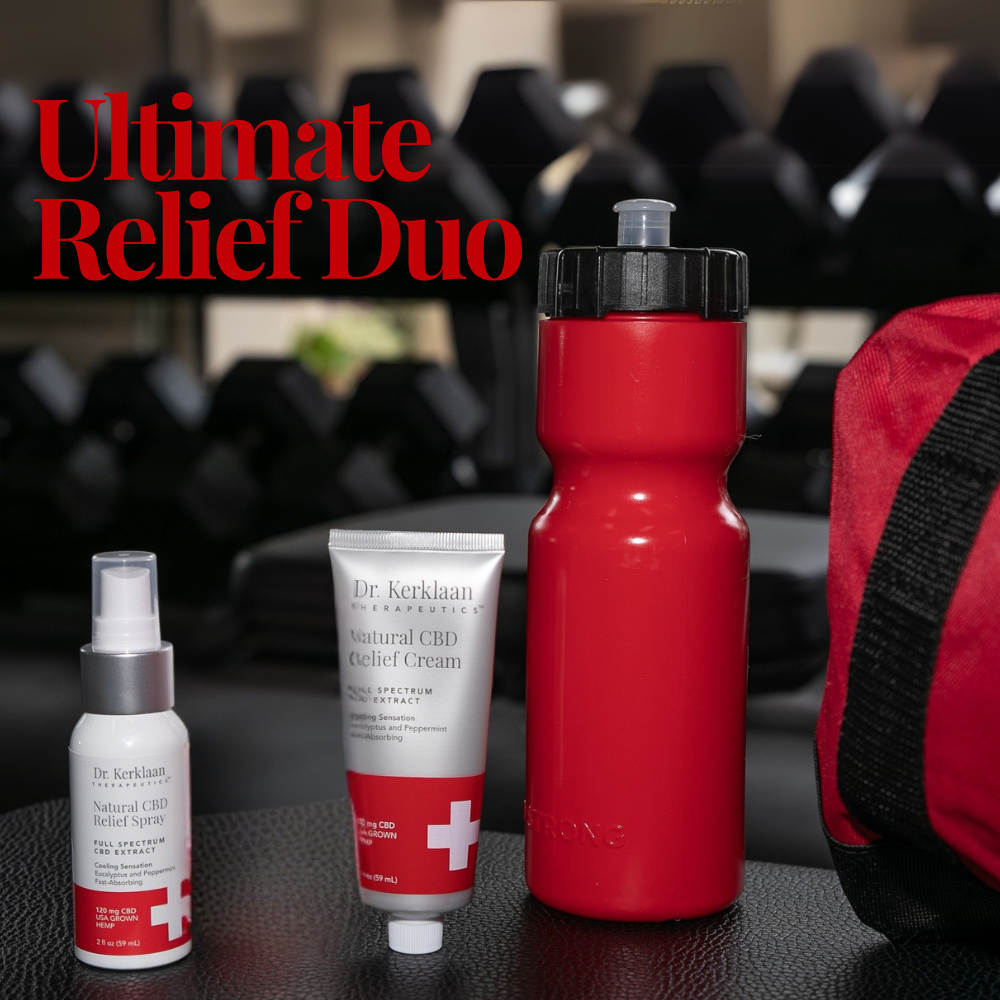 Dr. Kerklaan Natural CBD Relief Cream and Relief Spray placed in a gym setting with a red water bottle and dumbbells, ideal for post-workout muscle recovery.