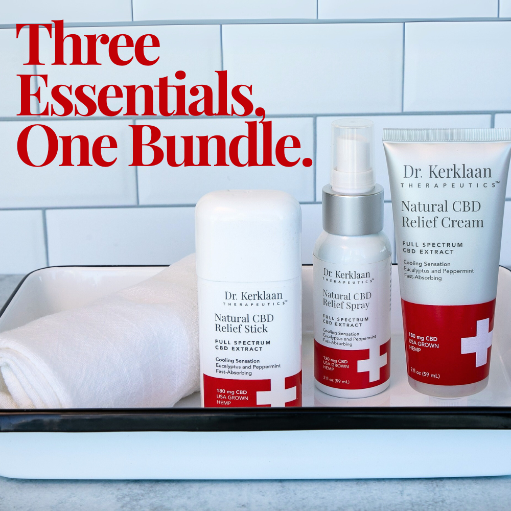 Dr. Kerklaan Natural CBD Relief Kit essentials in an enamel tray with a clean, minimalist backdrop, showcasing the full bundle.