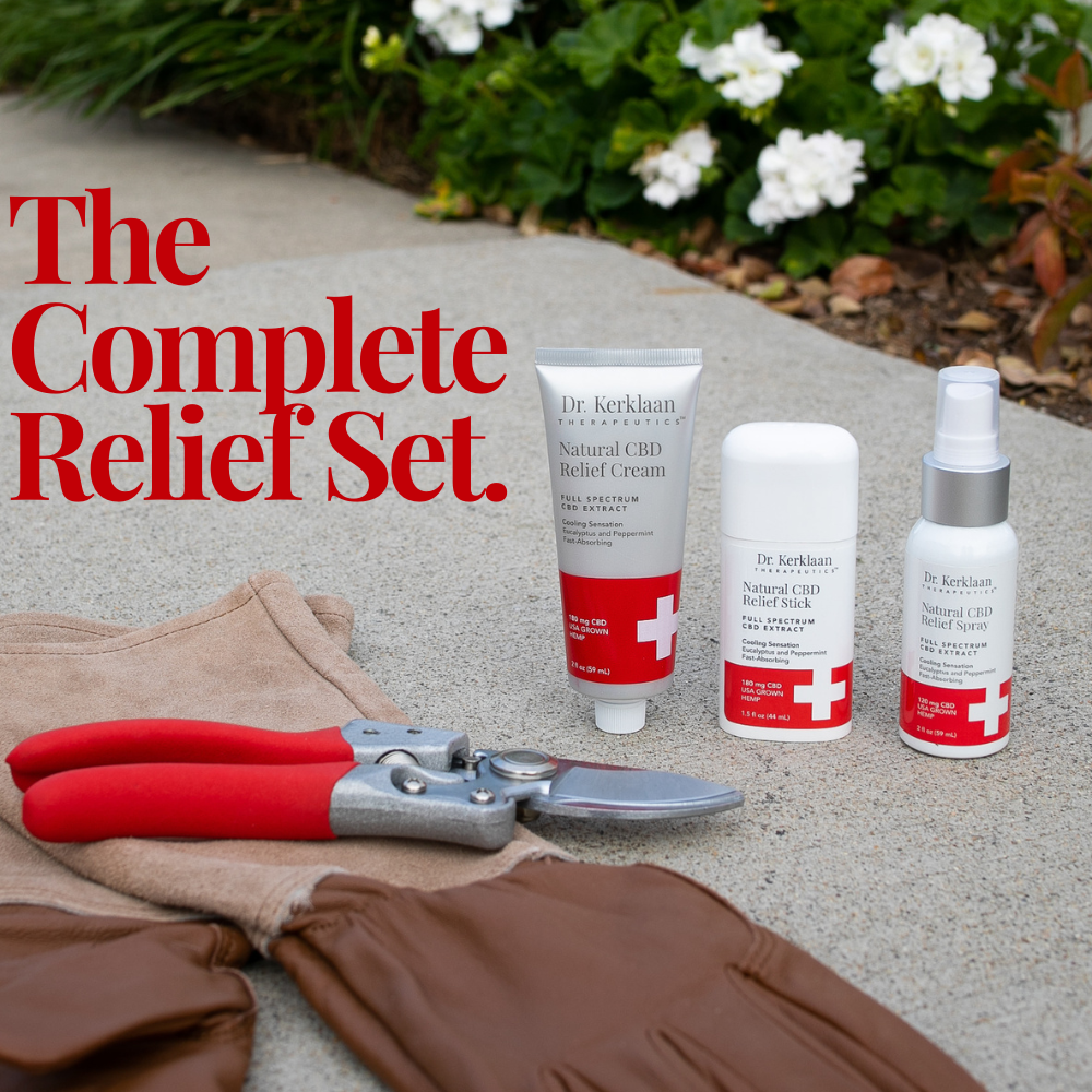 Dr. Kerklaan Natural CBD Relief Kit displayed with gardening gloves and shears, highlighting its use for post-gardening relief.