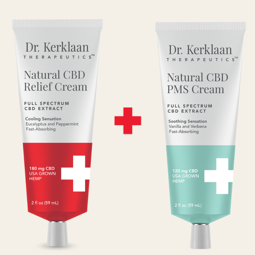 Dr. Kerklaan Natural CBD Relief Cream and Natural CBD PMS Cream showing bundled together.