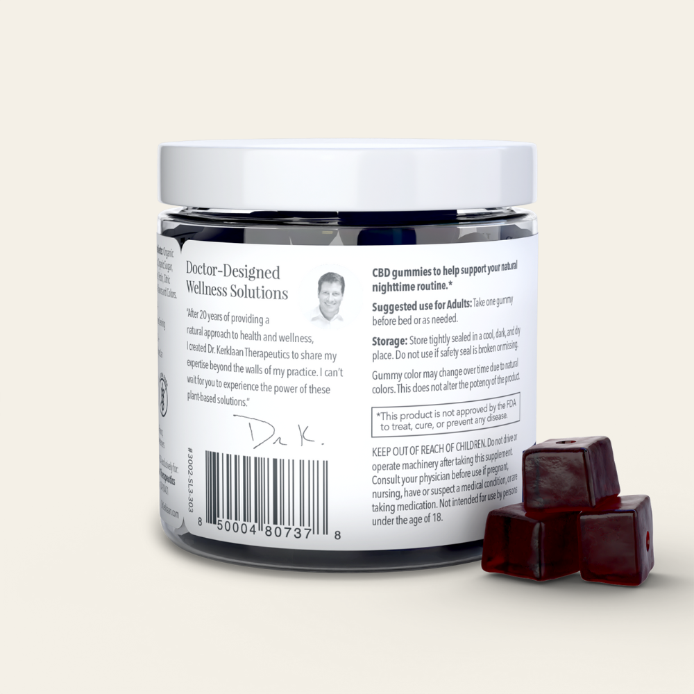 Back label of Dr. Kerklaan Sleep CBD Gummies, showcasing doctor-designed wellness solutions and suggested use.