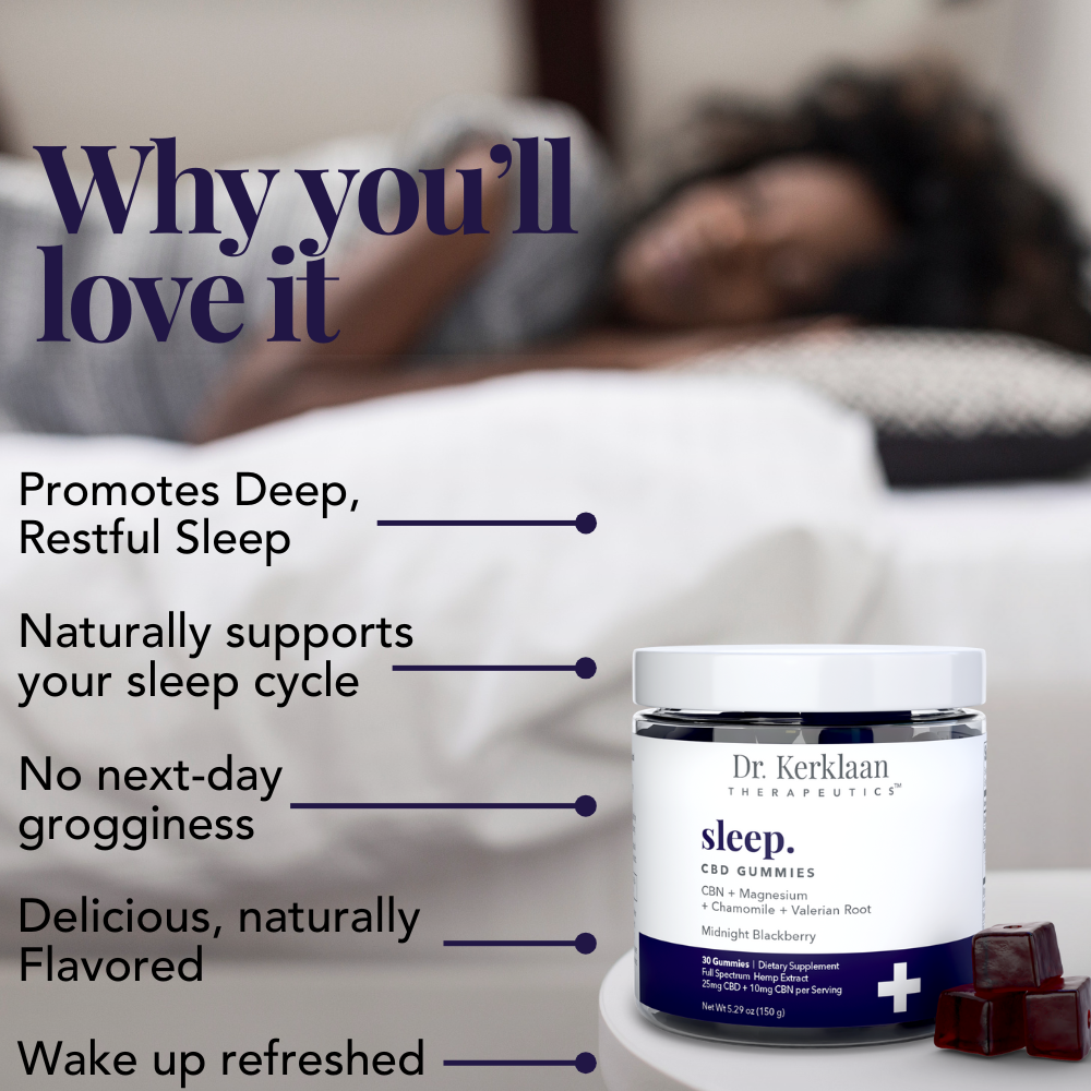 Dr. Kerklaan Sleep CBD Gummies jar with benefits listed, supporting deep, restful sleep with natural ingredients.