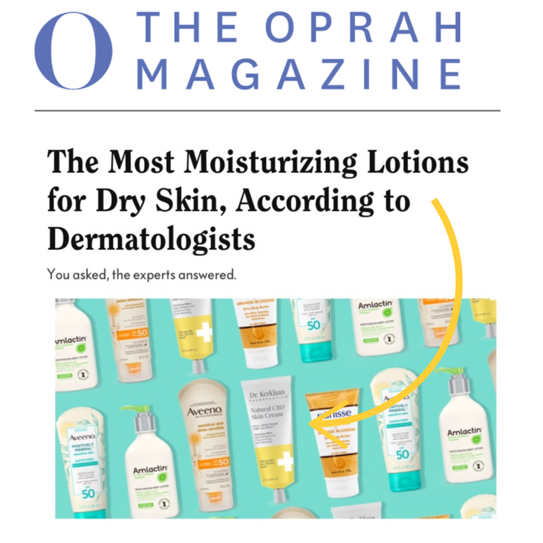 Oprah Magazine feature highlighting the most moisturizing lotions for dry skin, including Dr. Kerklaan Natural CBD Skin Cream among dermatologist-recommended products.