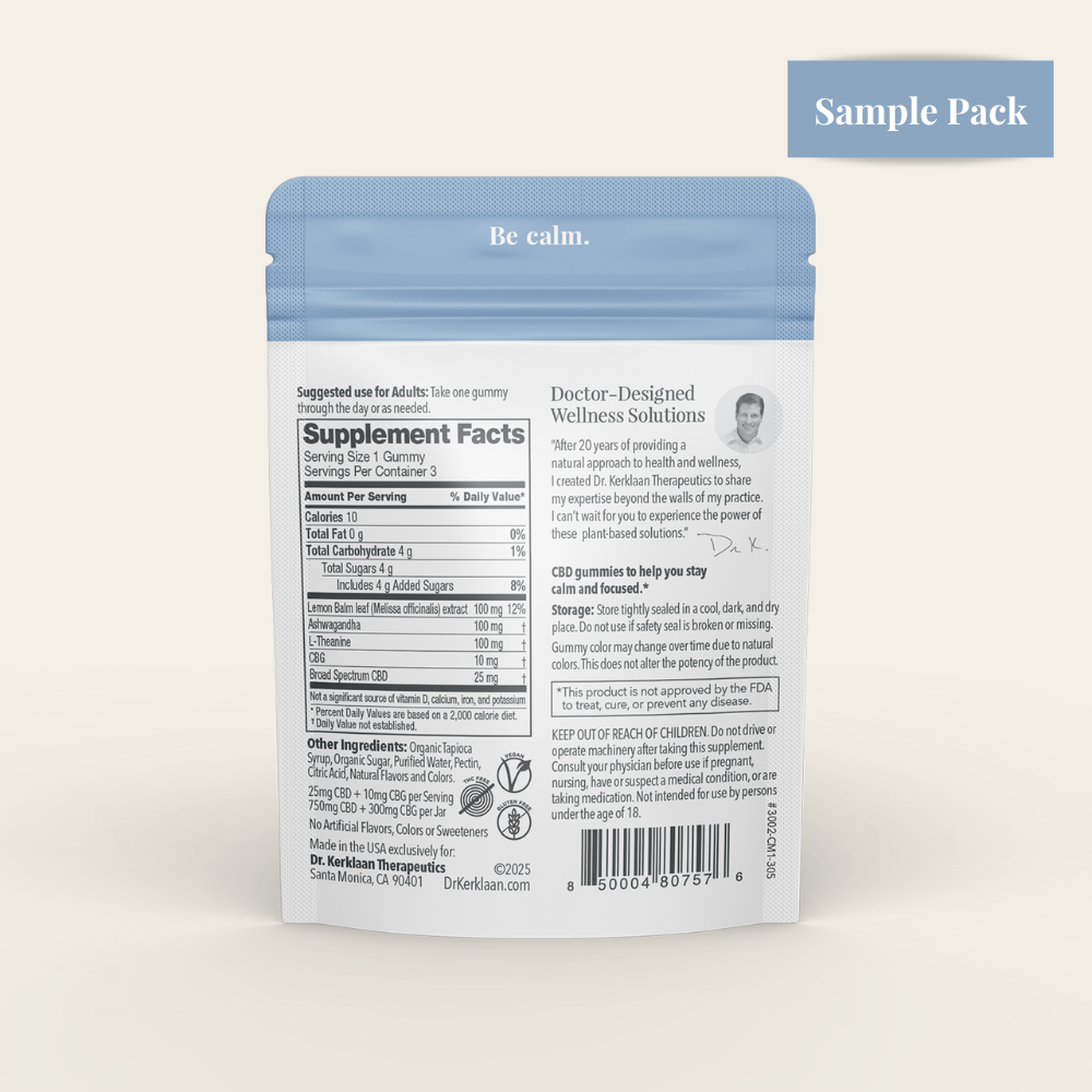 Dr. Kerklaan Therapeutics calm. CBD Gummies sample 3-pack with CBD, CBG, ashwagandha, L-theanine, and lemon balm back panel.