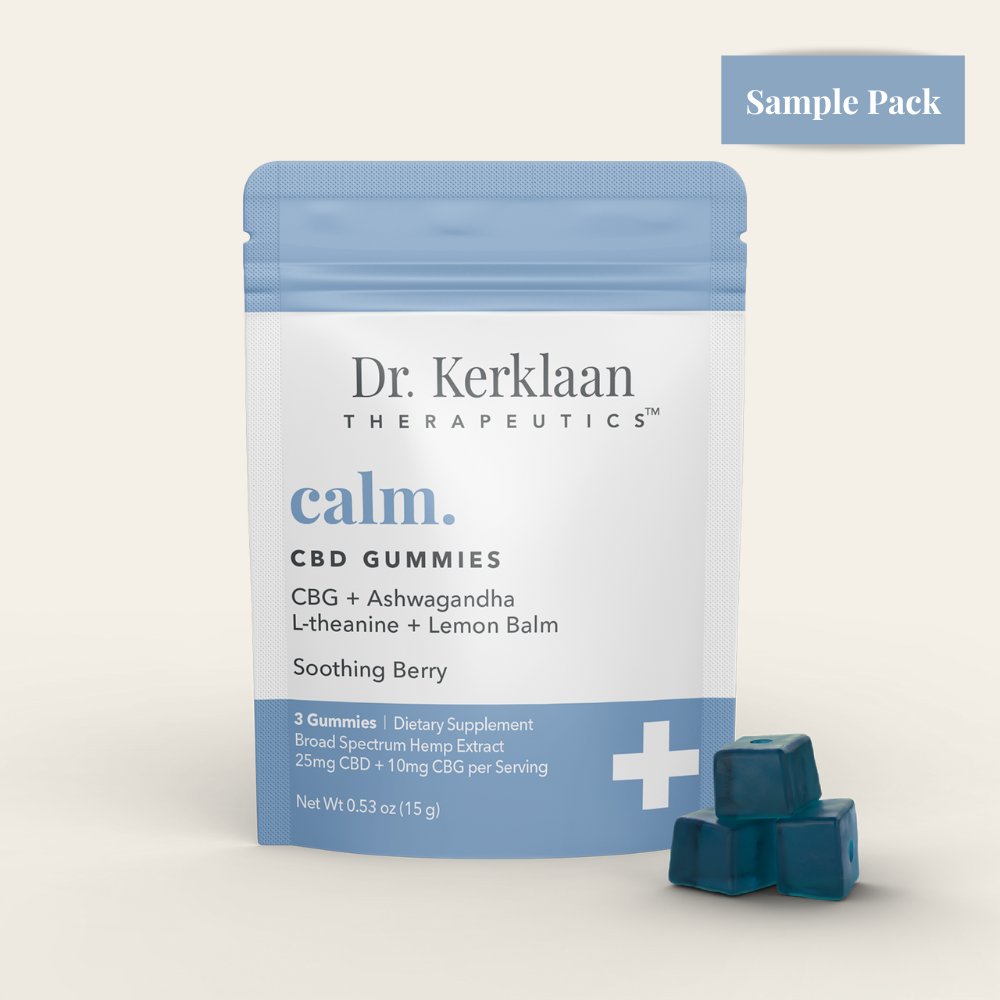 Dr. Kerklaan Therapeutics calm. CBD Gummies sample 3-pack with CBD, CBG, ashwagandha, L-theanine, and lemon balm.