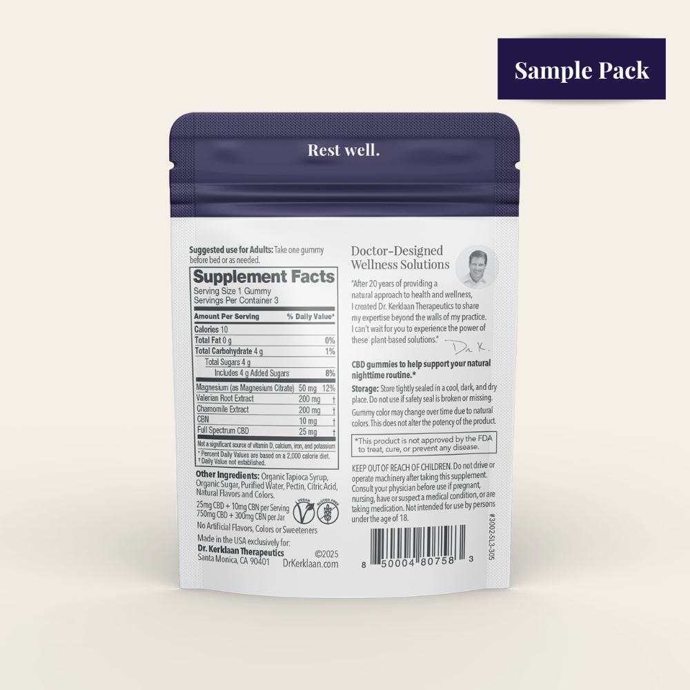 Dr. Kerklaan Therapeutics sleep. CBD Gummies with CBD, CBN, magnesium chamomile, and valerian, in a 3-pack sample pouch back panel.