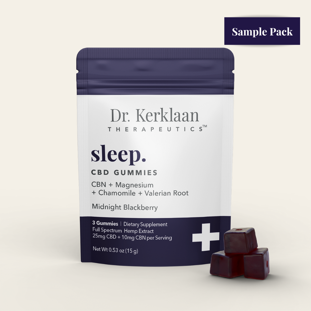 Dr. Kerklaan Therapeutics sleep. CBD Gummies with CBD, CBN, magnesium chamomile, and valerian, in a 3-pack sample pouch.
