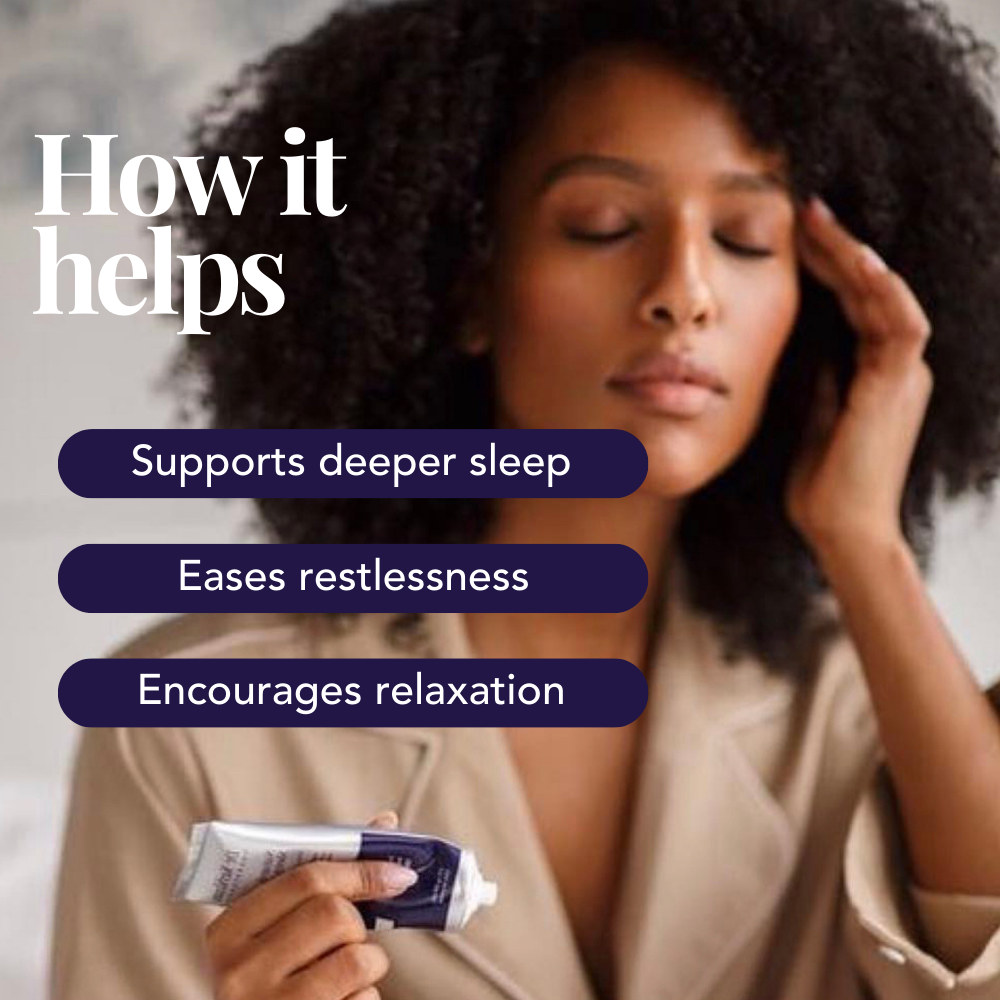 A woman gently touching her forehead with eyes closed, holding Dr. Kerklaan CBD Sleep Cream, with text emphasizing deeper sleep, easing restlessness, and relaxation.