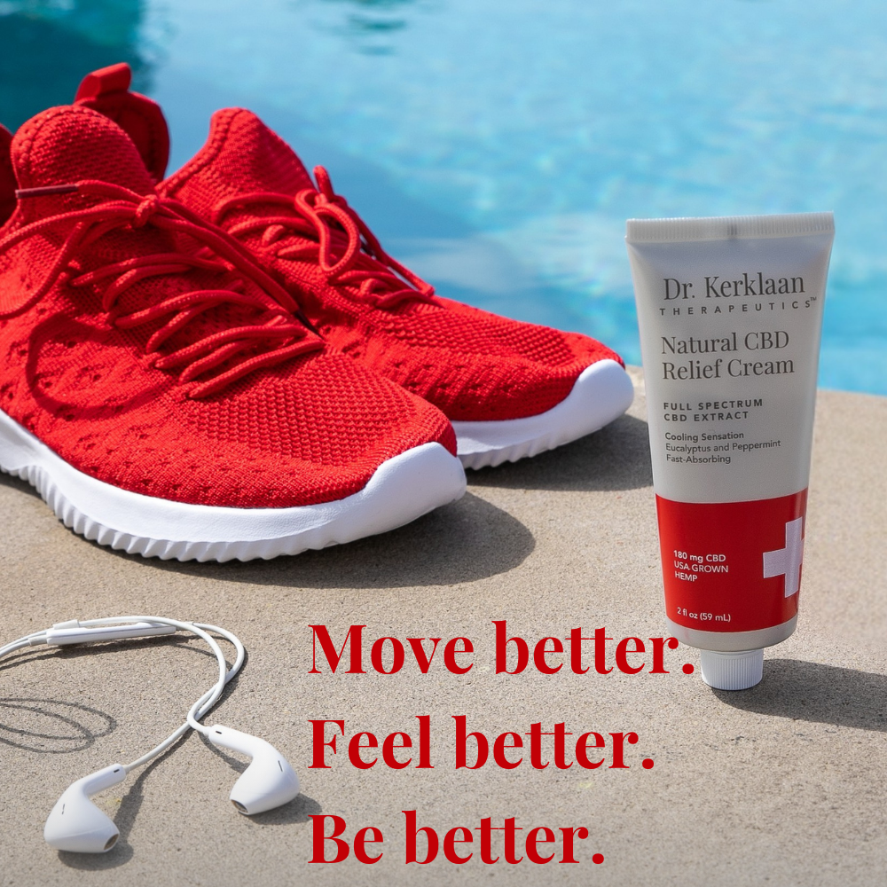 Dr. Kerklaan CBD Relief Cream with red running shoes by the pool – promoting movement, recovery, and active wellness.