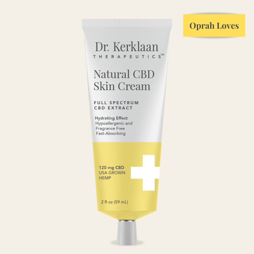 Dr. Kerklaan Natural CBD Skin Cream 2oz product shot highlighting its USA-grown hemp extract and fragrance-free formulation.