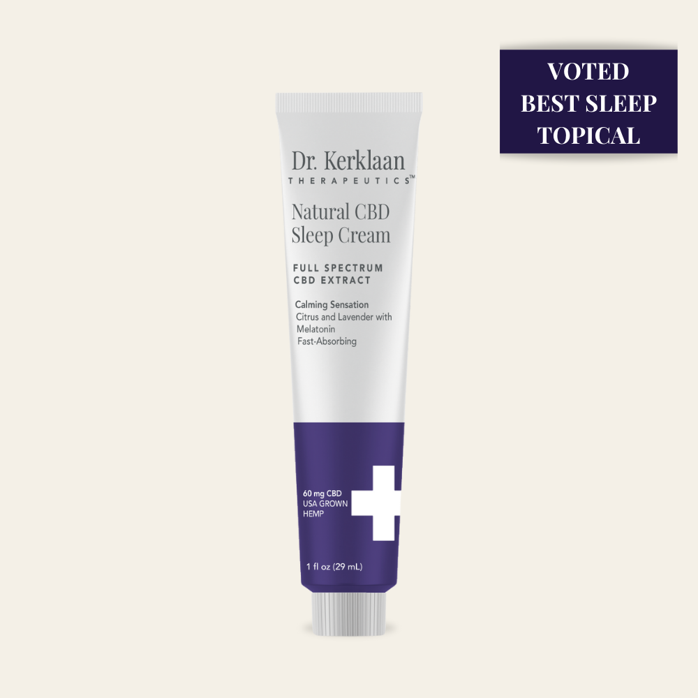 Dr. Kerklaan Natural CBD Sleep Cream 1oz tube with 'Voted Best Sleep Topical' badge, featuring full-spectrum CBD, melatonin, and lavender for a calming sensation.