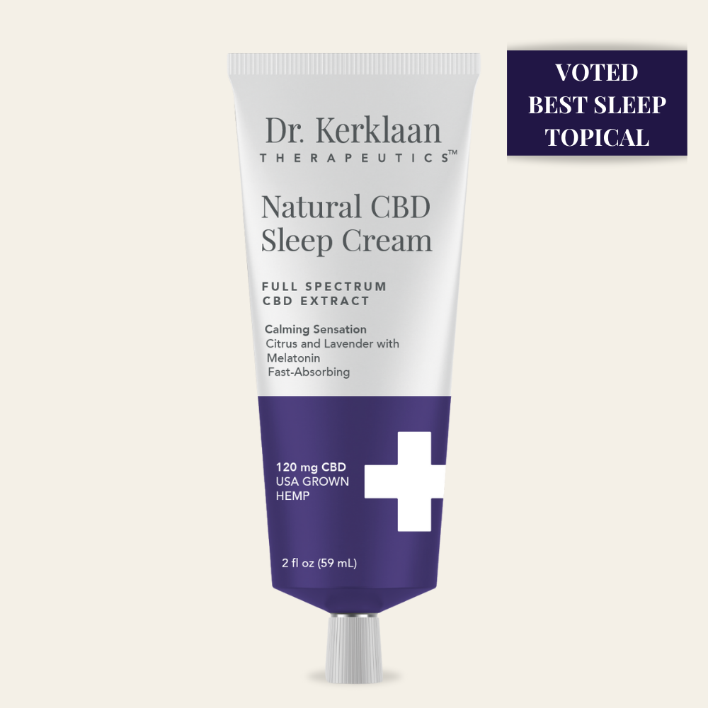 Dr. Kerklaan Natural CBD Sleep Cream 2oz tube with 'Voted Best Sleep Topical' badge, highlighting fast-absorbing full-spectrum CBD, melatonin, and lavender benefits.