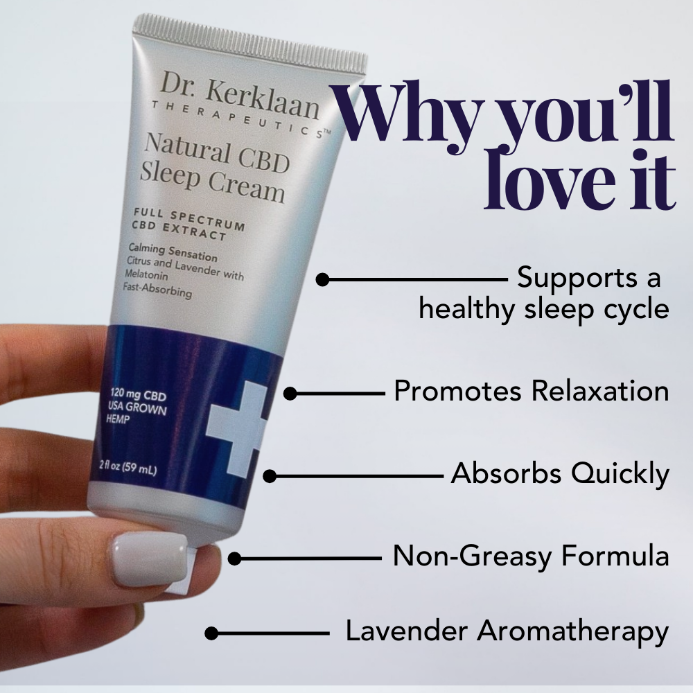 Dr. Kerklaan Natural CBD Sleep Cream tube held in hand with text highlighting benefits such as promoting relaxation, quick absorption, and lavender aromatherapy