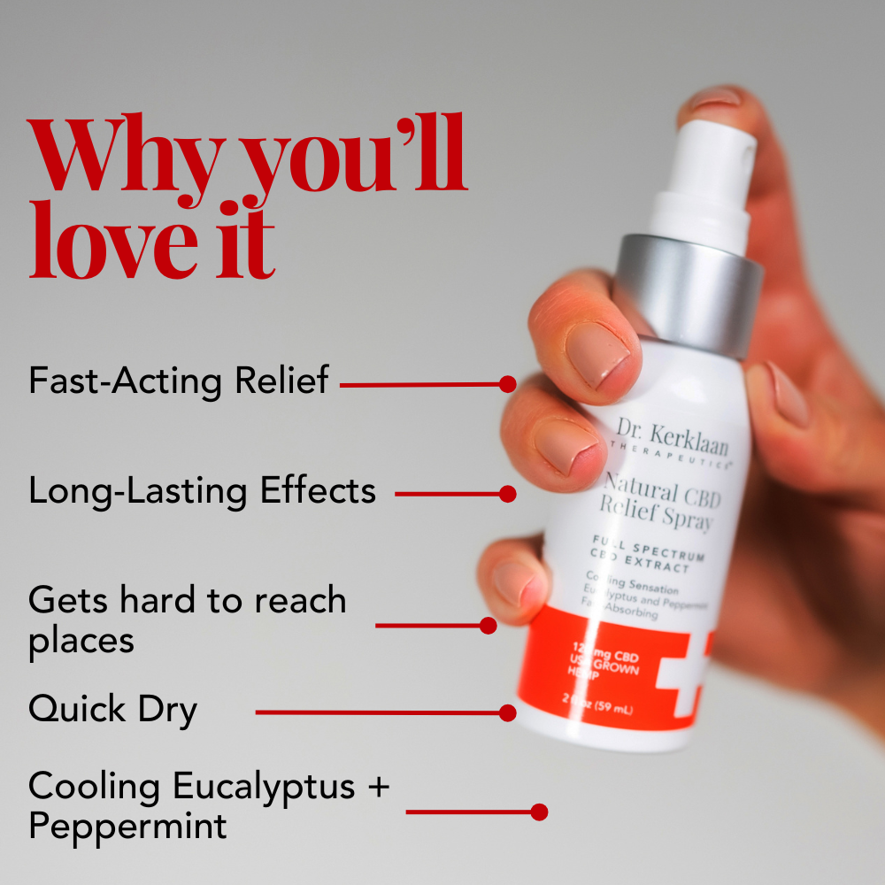 Why you'll love Dr. Kerklaan Natural CBD Relief Spray—fast-acting, quick-dry, cooling eucalyptus and peppermint.